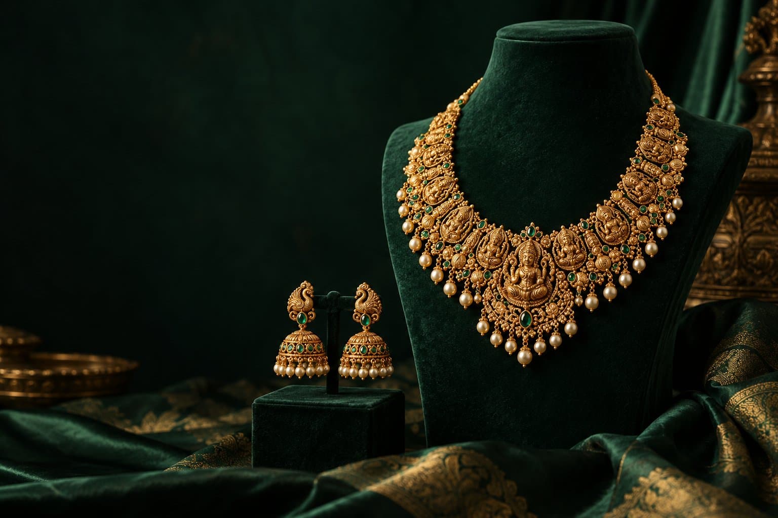 Traditional gold and emerald necklace on a deep green velvet display